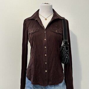 leilian japan brown collared button up blouse